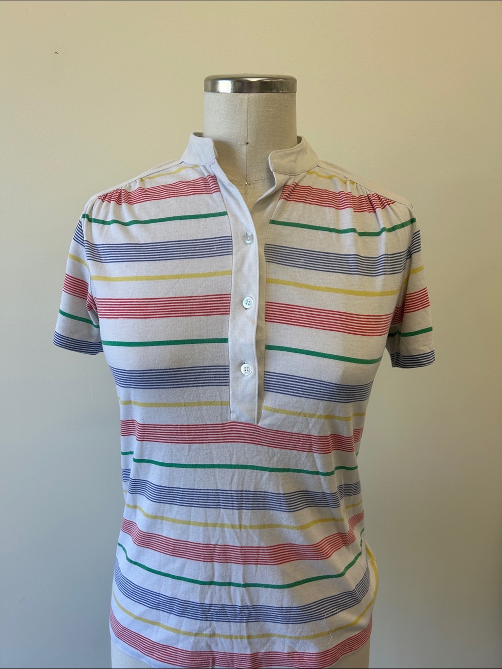 Women’s Vintage 70s 80s M Short-Sleeve Striped Polo Top - Multi Stripe